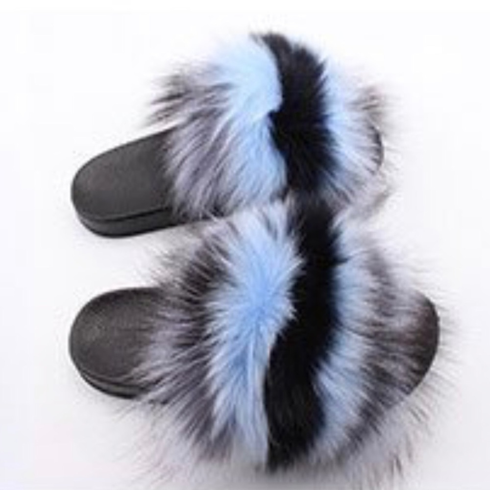 🆕💙🖤BLUE GREY & BLACK 100% Real Fur Sandals